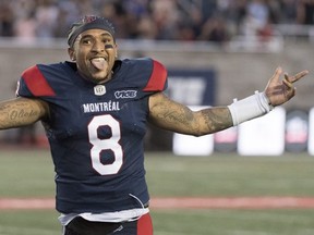 Alouettes quarterback Vernon Adams Jr., reacts after defeating the Winnipeg Blue Bombers on Saturday. THE CANADIAN PRESS