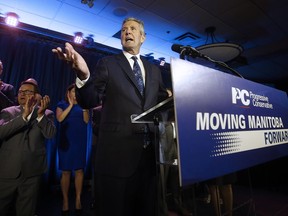 Manitoba PC leader and premier Brian Pallister celebrates winning the Manitoba election in Winnipeg, Tuesday, September 10, 2019. After four weeks of pounding the pavement politicians and supporters in Manitoba had less than 24 hours to take in the results of a provincial election before diving into a federal one.