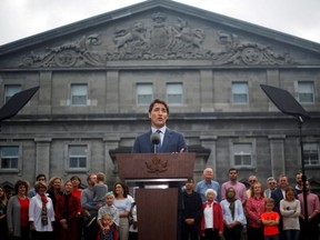 Prime Minister Justin Trudeau speaks during a news conference at Rideau Hall after asking Governor General Julie Payette to dissolve Parliament, and mark the start of a federal election campaign in Canada, in Ottawa September 11, 2019. REUTERS/Patrick Doyle