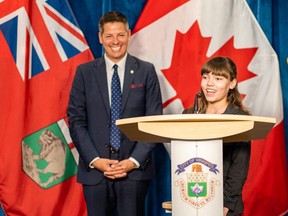 Sadie Armstrong, 2019’s Kid Mayor winner speaks to media while Winnipeg Mayor Brian Bowman looks on.
Handout/Mayor's office