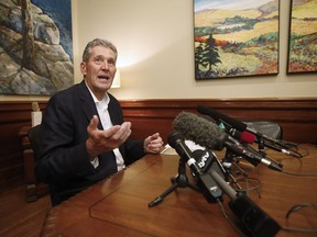Manitoba Premier Brian Pallister speaks with media to announce his party's new mandate at the Manitoba Legislature after winning the provincial election in Winnipeg, Wednesday, September 11, 2019.
