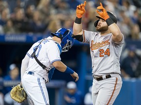 DJ Stewart of the Baltimore Orioles celebrates his home run against the Toronto Blue Jays in the sixth inning during their MLB game at the Rogers Centre on Sept. 24, 2019 in Toronto.