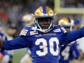 Blue Bombers defensive back Winston Rose (centre) got his seventh and league-leading pick in last Sunday’s Labour Day Classic. (Kevin King/Winnipeg Sun)