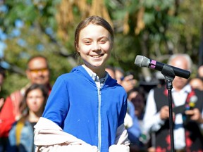 Climate change teen activist Greta Thunberg speaks before joining a climate strike march in Montreal, Quebec, Canada September 27, 2019. REUTERS/Andrej Ivanov ORG XMIT: GGG-MON108