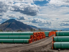 Steel pipe to be used in the oil pipeline construction of the Canadian government’s Trans Mountain Expansion Project lies at a stockpile site in Kamloops, British Columbia, on June 18, 2019.