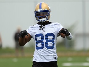 Receiver Rasheed Bailey signals during Winnipeg Blue Bombers practice on the University of Manitoba campus on Tues., June 11, 2019. Kevin King/Winnipeg Sun/Postmedia Network