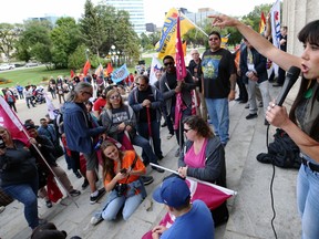 Leah Gazan, federal NDP candidate for Winnipeg Centre, addresses labour supporters from the steps of the Manitoba Legislature during the Winnipeg Labour Council's Labour Day March in Winnipeg on Mon., Sept. 2, 2019. Kevin King/Winnipeg Sun/Postmedia Network