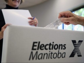 A ballot is cast at an advance poll at Corydon Community Centre's River Heights site on Grosvenor Avenue in Winnipeg on Wed., Sept. 4, 2019. Kevin King/Winnipeg Sun/Postmedia Network