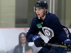 Ville Heinola calls for the puck during Winnipeg Jets rookie camp at Bell MTS Iceplex in Winnipeg on Thurs., Sept. 5, 2019. Kevin King/Winnipeg Sun/Postmedia Network