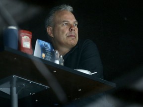 General manager Kevin Cheveldayoff watches during Winnipeg Jets training camp at Bell MTS Iceplex on Sunday, Sept. 15, 2019.
