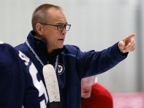 Head coach Paul Maurice gives instructions during Winnipeg Jets training camp at Bell MTS Iceplex on Sun., Sept. 15, 2019. Kevin King/Winnipeg Sun/Postmedia Network