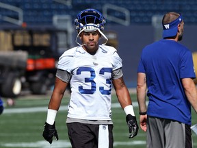 Andrew Harris was back on the field for Winnipeg Blue Bombers practice at IG Field on Tues., Sept. 17, 2019 after serving a two-game suspension. Kevin King/Winnipeg Sun/Postmedia Network