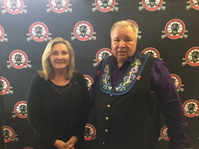 (Left to right) CancerCare Manitoba President and CEO Annitta Stenning and Manitoba Metis Federation President David Chartrand address the media following the announcement at the MMF’s Annual General Assembly on Saturday at Assiniboia Downs that the Manitoba Metis Federation (MMF) is donating $1 million to the CancerCare Manitoba Foundation.