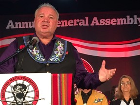 Manitoba Metis Federation President David Chartrand speaks during his State of the Nation Address at the MMF’s Annual General Assembly on Saturday at Assiniboia Downs in Winnipeg.
