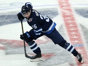 Winnipeg Jets defenceman Ville Heinola skates during NHL pre-season action against the Edmonton Oilers at Bell MTS Place in Winnipeg on Thurs., Sept. 26, 2019. Kevin King/Winnipeg Sun/Postmedia Network