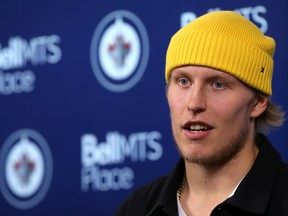 Winnipeg Jets forward Patrik Laine speaks during a media availability at Bell MTS Place in Winnipeg on Monday.