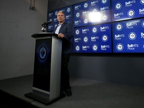 Winnipeg Jets general manager Kevin Cheveldayoff speaks during a media availability at Bell MTS Place in Winnipeg on Mon., Sept. 30, 2019. Kevin King/Winnipeg Sun/Postmedia Network