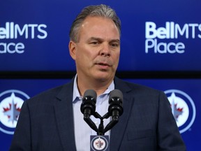 Winnipeg Jets general manager Kevin Cheveldayoff speaks during a media availability at Bell MTS Place on Sept. 30, 2019.