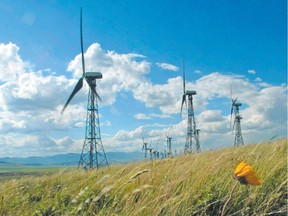 Wind turbines at the Canadian Hydro wind farm east of Crowsnest Pass.