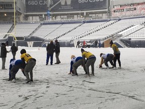 Winnipeg Blue Bombers players prepare for Saturday's game against the Montreal Alouettes, on Friday.