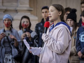 DENVER, CO - OCTOBER 11: Swedish teen activist Greta Thunberg speaks at the Fridays For Future Denver Climate Strike on October 11, 2019 at Civic Center Park in Denver, Colorado. Thousands of protesters attended the event which was sparked by Thunberg's #FridaysForFuture movement.