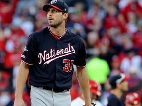 ST LOUIS, MISSOURI - OCTOBER 12: Max Scherzer #31 of the Washington Nationals reacts after giving up a single to Paul Goldschmidt #46 of the St. Louis Cardinals during the seventh inning of game two of the National League Championship Series at Busch Stadium on October 12, 2019 in St Louis, Missouri. (Photo by Scott Kane/Getty Images)