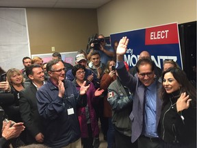 Conservative Party of Canada candidate for Charlesood-St. James-Assiniboia-Headingley Marty Morantz and wife Lisa greet supporters at Morantz's campaign headquarters on Monday evening, after being declared the winner.