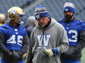 Blue Bombers linebackers and defensive line coach Glen Young, who handled defensive co-ordinator duties last week in the absence of Richie Hall, looks over plays at practice yesterday. (Kevin King/Winnipeg Sun)