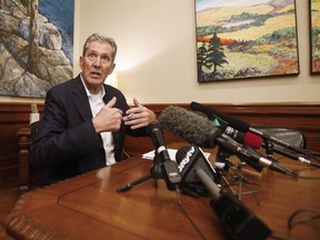 Manitoba Premier Brian Pallister speaks with media to announce his party's new mandate at the Manitoba Legislature after winning the provincial election in Winnipeg, Wednesday, September 11, 2019. Pallister says more details are needed on the federal government's rules on packaging of cannabis edibles.