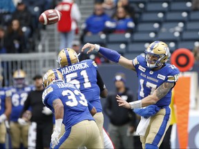 Bombers quarterback Chris Streveler throws a pass against the Als on Saturday in Winnipeg. (JOHN WOODS/THE CANADIAN PRESS)