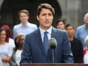 Liberal Party Leader Justin Trudeau speaks during a news conference at Rideau Hall in Ottawa, on Sept. 11, 2019.