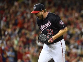 Nationals starting pitcher Max Scherzer reacts after the last out of the top of the seventh inning against the Dodgers in Game 4 of the NLDS at Nationals Park in Washington, D.C., on Monday, Oct. 7, 2019.