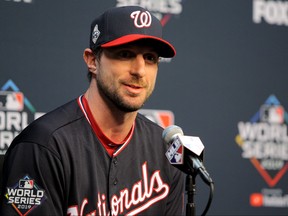 Washington Nationals starting pitcher Max Scherzer speaks to the media prior to working out one day before the 2019 World Series at Minute Maid Park, Oct. 21, 2019. (Erik Williams-USA TODAY Sports)