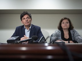 Lawyers Lawrence Greenspon and Tina Hill speak during a press conference on the civil litigation by Mark Grant against various Manitoba crown attorneys and police, in Ottawa, on Thursday, Oct. 17, 2019. Grant was wrongfully convicted in the 1984 death of Candace Derksen and spent over 10 years in incarceration.