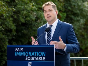 Andrew Scheer campaigns for the upcoming election near the U.S. border with Canada in Hemmingford, Quebec, October 9, 2019. (REUTERS/Carlos Osorio)