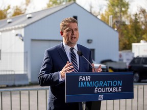 Conservative Party Leader Andrew Scheer campaigns for the upcoming election near the U.S. border with Canada in Hemmingford, Que,, Oct. 9, 2019.