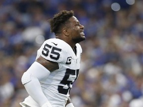 Raiders' Vontaze Burfict is ejected from the game against the Colts at Lucas Oil Stadium in Indianapolis, Ind., on Sept. 29, 2019.