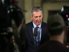 Premier Brian Pallister addresses media following the throne speech before the Legislative Assembly of Manitoba on Mon., Sept. 30, 2109. Kevin King/Winnipeg Sun/Postmedia Network