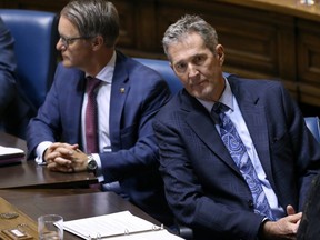 Premier Brian Pallister takes his seat following the throne speech before the Legislative Assembly of Manitoba on Mon., Sept. 30, 2109. Kevin King/Winnipeg Sun/Postmedia Network