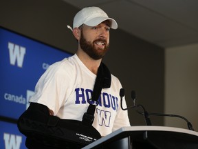 Winnipeg Blue Bombers quarterback Matt Nichols speaks with media about surgery on his throwing shoulder which will keep him out for the reason of the season, at IG Field in Winnipeg on Tues., Oct. 1, 2019. Kevin King/Winnipeg Sun/Postmedia Network