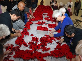 A large gathering of people were working on the Poppy Blanket Project at Garden City Shopping Centre last Tuesday. Work will continue every Tuesday evening in October.