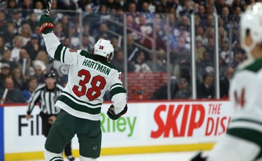 Minnesota Wild forward Ryan Hartman celebrates his first-period goal during NHL action against the Winnipeg Jets in Winnipeg on Thurs., Oct. 10, 2019. Kevin King/Winnipeg Sun/Postmedia Network