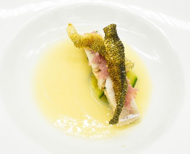 Appetizer: Layered Pickerel Bar with Prawn Mousseline, Puffed Skin, Pickle Shallots, Zucchini, served with Sauce Beurre Blanc. This was one of the gold medal-winning dishes by Winnipeg Squash Racquet Club chef Darnell Banman at the 2019 International Young Chefs Competition held in Calgary on Sept. 20, 2019. Twenty-one of the world’s finest young chefs were chosen for 2019 through selection competitions held in their respective countries. As the gold medallist, Banman received a first place prize of a Superior Cuisine training course at Le Cordon Bleu Paris and an executive chef attaché case with a complete set of professional knives. He also received a set of professional Wüsthof carving knives for his exceptional skills and organization in the kitchen during the competition.