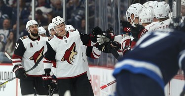 Phoenix Coyotes centre Christian Dvorak celebrates his goal during NHL action against the Winnipeg Jets in Winnipeg on Tues., Oct. 15, 2019. Kevin King/Winnipeg Sun/Postmedia Network