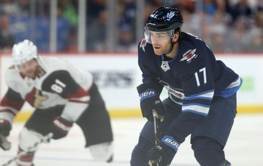 Winnipeg Jets centre Adam Lowry heads in on a partial breakaway against the Phoenix Coyotes during NHL action in Winnipeg on Tues., Oct. 15, 2019. Kevin King/Winnipeg Sun/Postmedia Network