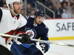 Winnipeg Jets centre David Gustafsson forechecks against the Phoenix Coyotes during NHL action in Winnipeg on Tues., Oct. 15, 2019. Kevin King/Winnipeg Sun/Postmedia Network