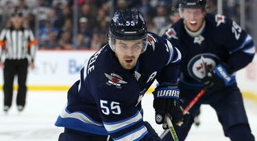 Winnipeg Jets centre Mark Scheifele carries the puck into the Phoenix Coyotes zone during NHL action in Winnipeg on Tues., Oct. 15, 2019. Kevin King/Winnipeg Sun/Postmedia Network