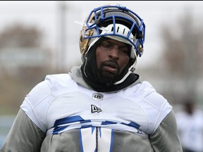 Offensive lineman Jermarcus Hardrick looking a little worse for wear during Winnipeg Blue Bombers practice on the University of Manitoba campus on Wed., Oct. 16, 2019. Kevin King/Winnipeg Sun/Postmedia Network