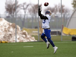 Running back Andrew Harris makes a jumping catch during Winnipeg Blue Bombers practice on the University of Manitoba campus on Wed., Oct. 16, 2019. Kevin King/Winnipeg Sun/Postmedia Network