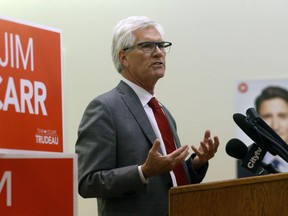 Liberal MP Jim Carr, re-elected in Winnipeg South Centre, gives his speech at election night headquarters at Caboto Centre in Winnipeg on Mon., Oct. 21, 2019. Kevin King/Winnipeg Sun/Postmedia Network
